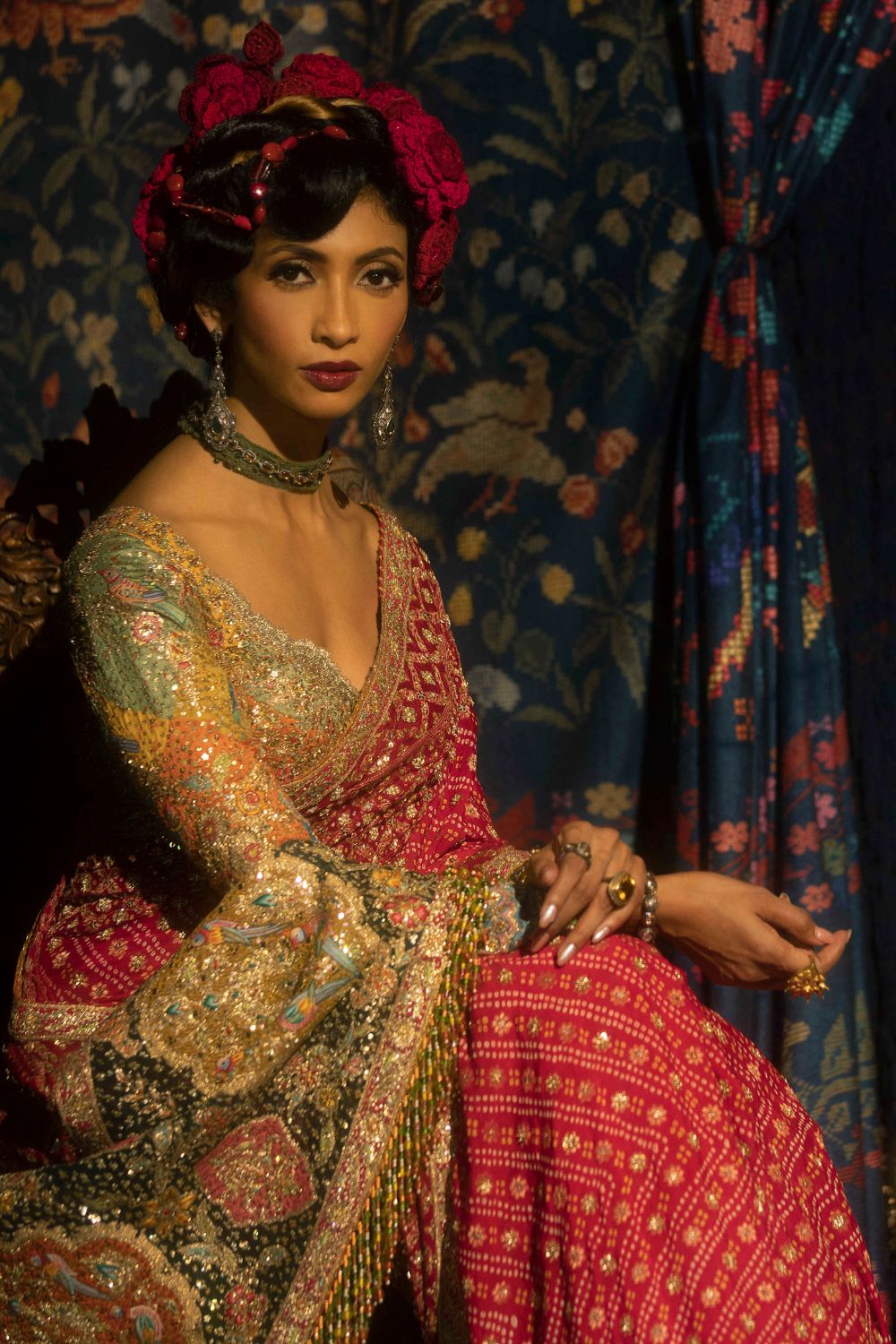 Handwoven deep red saree with shiny golden work on green border – Isha Life  UK & Europe